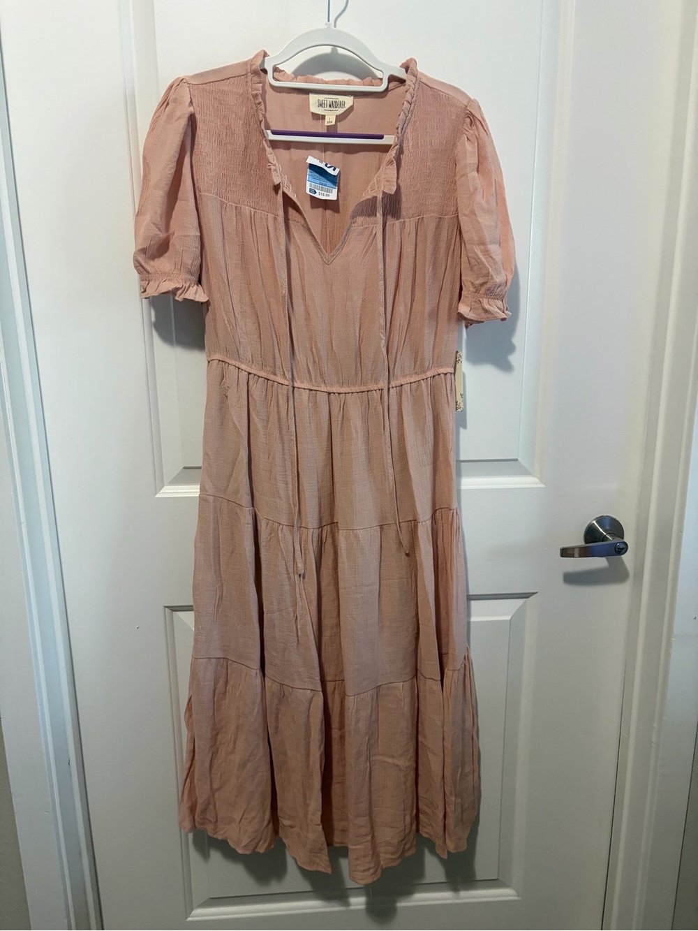 Sweet Wanderer Blush Pink Tiered Midi Dress